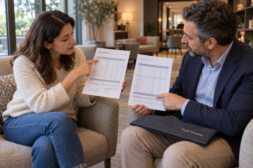 Apartman sakini ve yönetici, iki ardışık ayın raporunda açılış ve kapanış bakiyelerinin aynı kapsamda olup olmadığını karşılaştırıyor.
