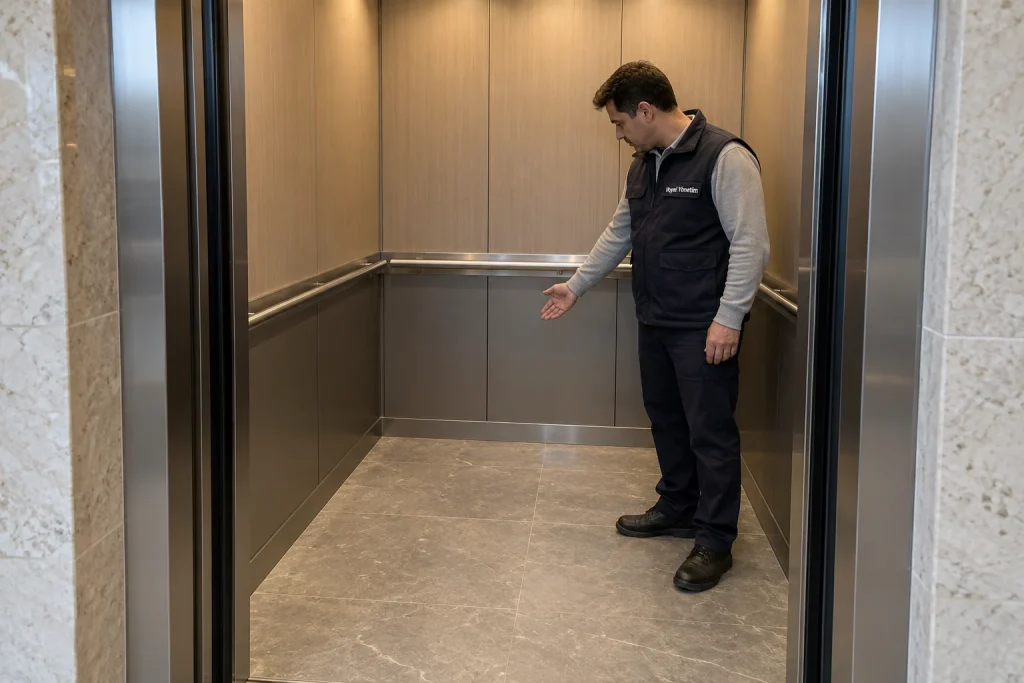 Görevli, ortak alan temizlik kontrolü kapsamını belirlemek için asansör kabininin erişilebilir yüzeylerini gözden geçiriyor.