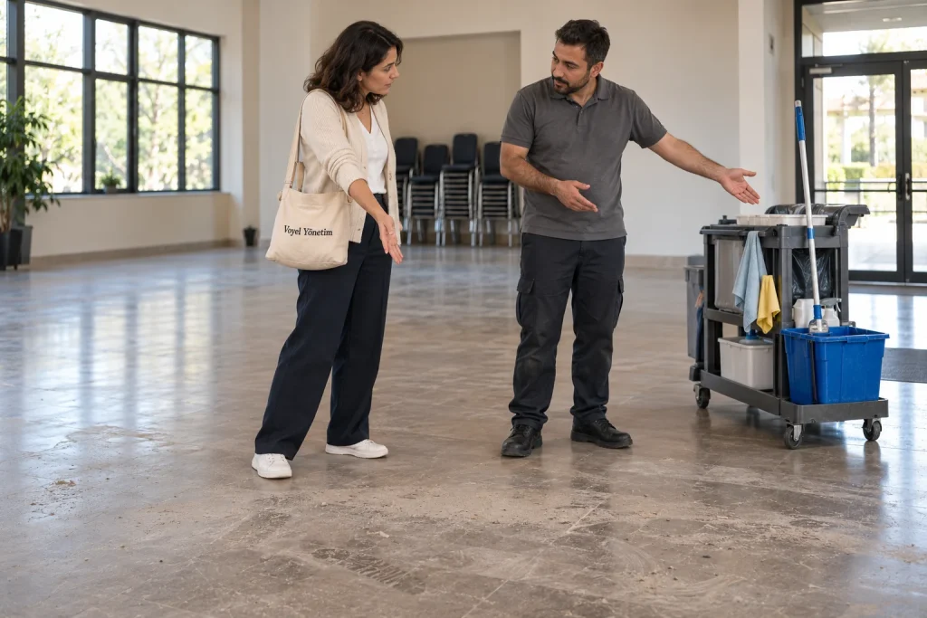 Koordinatör ve temizlik tedarikçisi, ortak salondaki program dışı işin alanını ve sorumluluklarını görüşüyor.