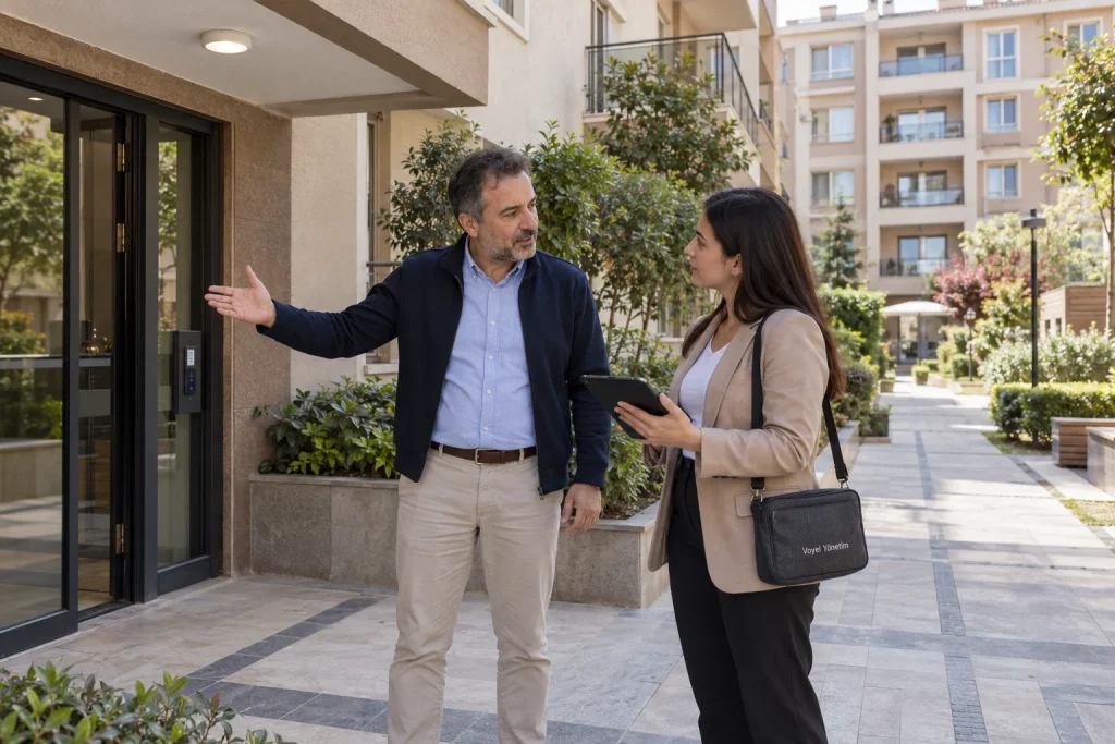 Bina temsilcisi, saha ziyareti kapsamı belirlenirken ortak alanları ve giriş koşullarını koordinatöre gösteriyor.